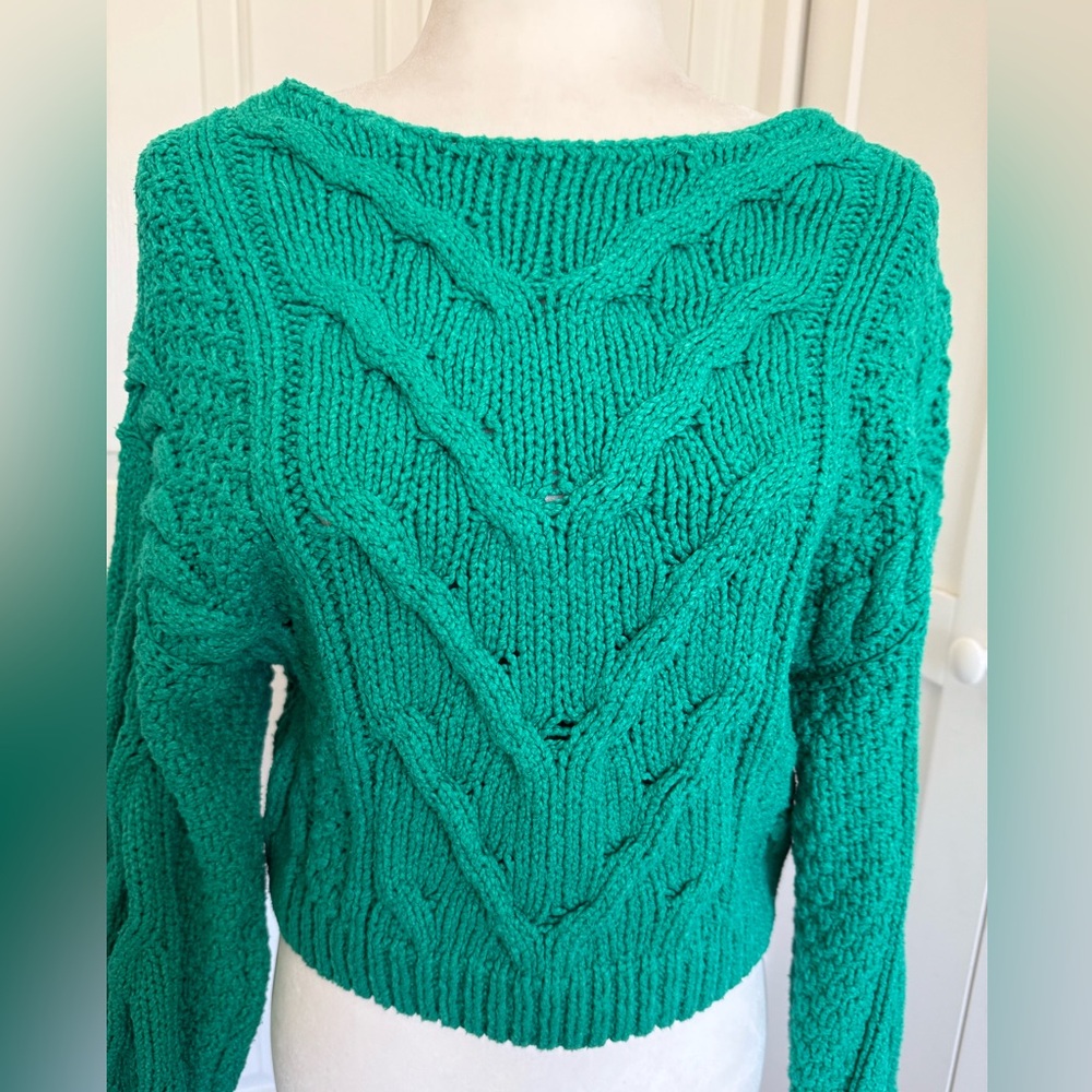 Free People Sticks and Stones Green Chunky Cable Knit Crop Sweater Size XS - Picture 3 of 5